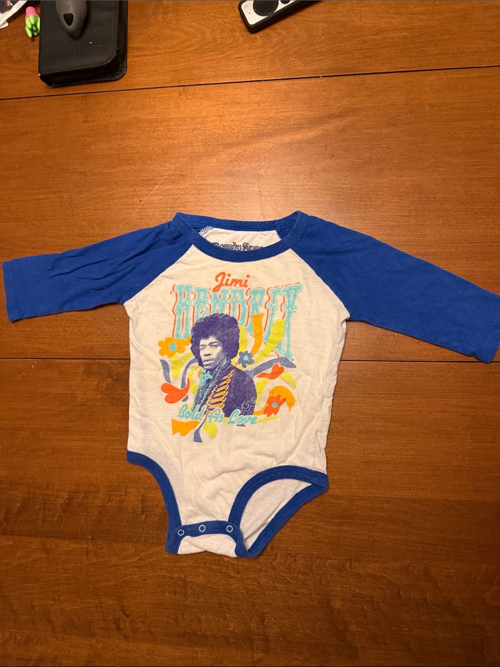 Rowdy Sprout Blue & White Raglan One-Piece with Retro Graphic